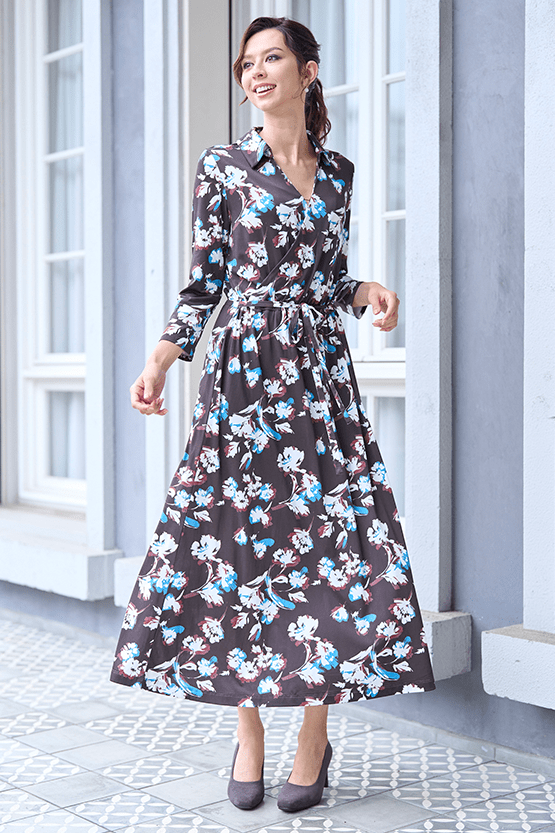 Chocolate Ray Flower Collared Cache-coeur Long Dress | kay me