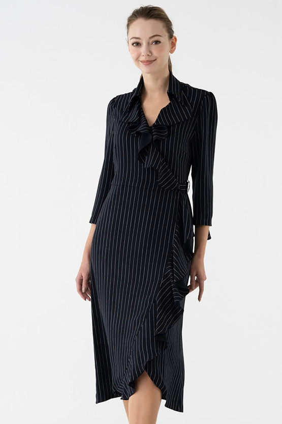 Navy Pinstripe Collared Frill Wrap Dress kay me kay me