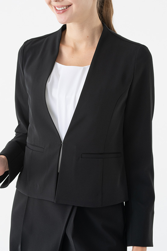 Womens black collarless on sale jacket