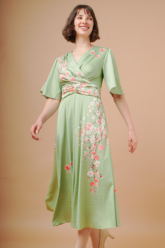 ストレッチジョーゼット】SAKURA よもぎ色 ベル袖フレア